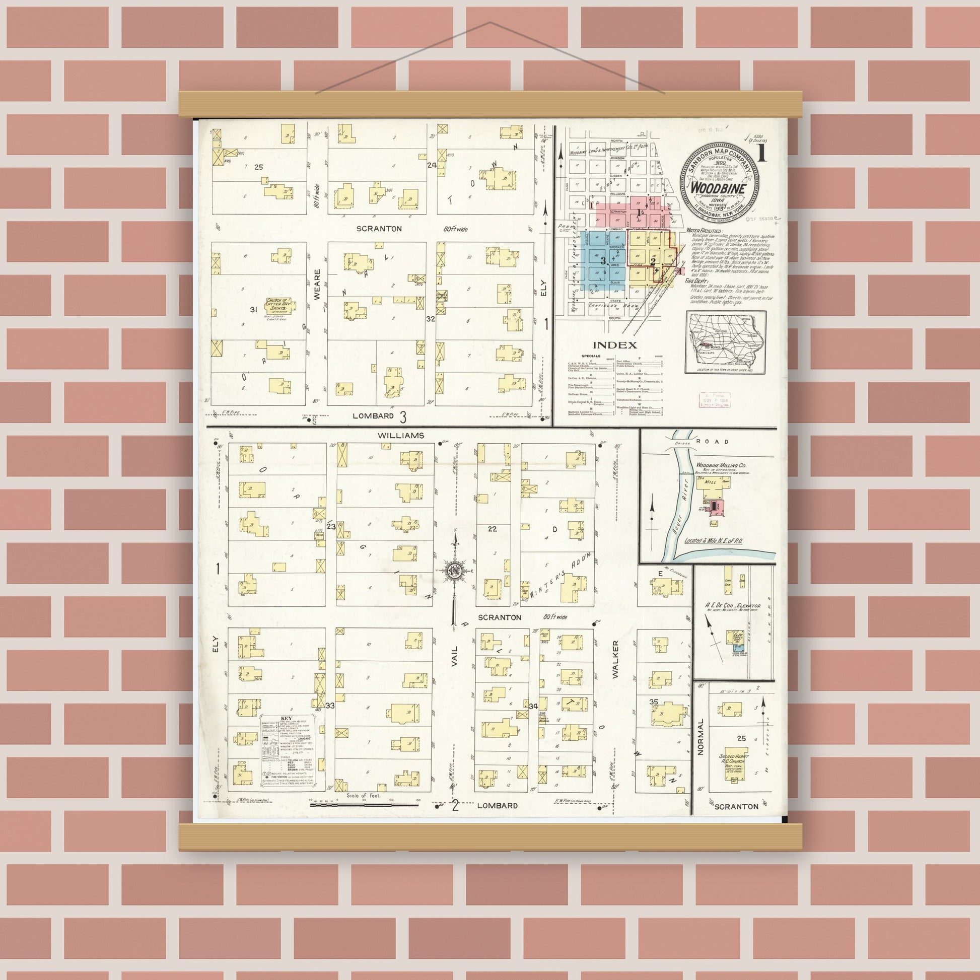 Old map wall art mockup — magnetic wood frame on brick wall — Sanborn Fire Insurance Map from Woodbine, Harrison County, Iowa (1913), Sheet #0001