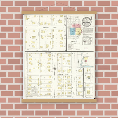 Old map wall art mockup — magnetic wood frame on brick wall — Sanborn Fire Insurance Map from Woodbine, Harrison County, Iowa (1913), Sheet #0001