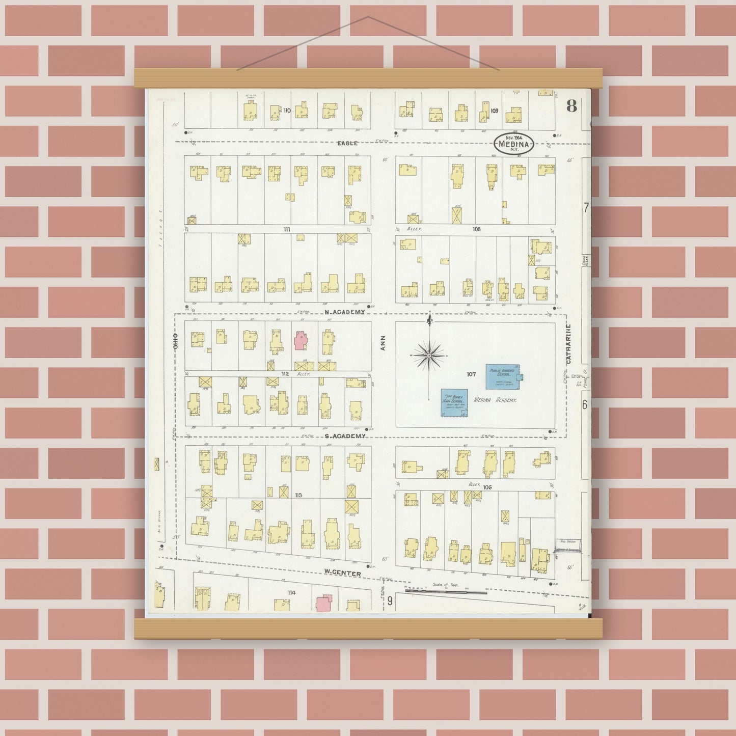 Old map wall art mockup — magnetic wood frame on brick wall — Sanborn Fire Insurance Map from Medina, Orleans County, New York (1904), Sheet #0008