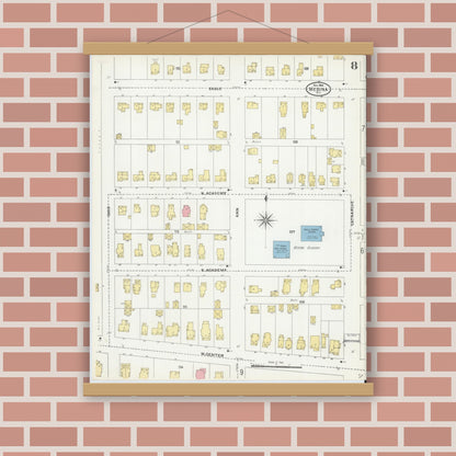 Old map wall art mockup — magnetic wood frame on brick wall — Sanborn Fire Insurance Map from Medina, Orleans County, New York (1904), Sheet #0008