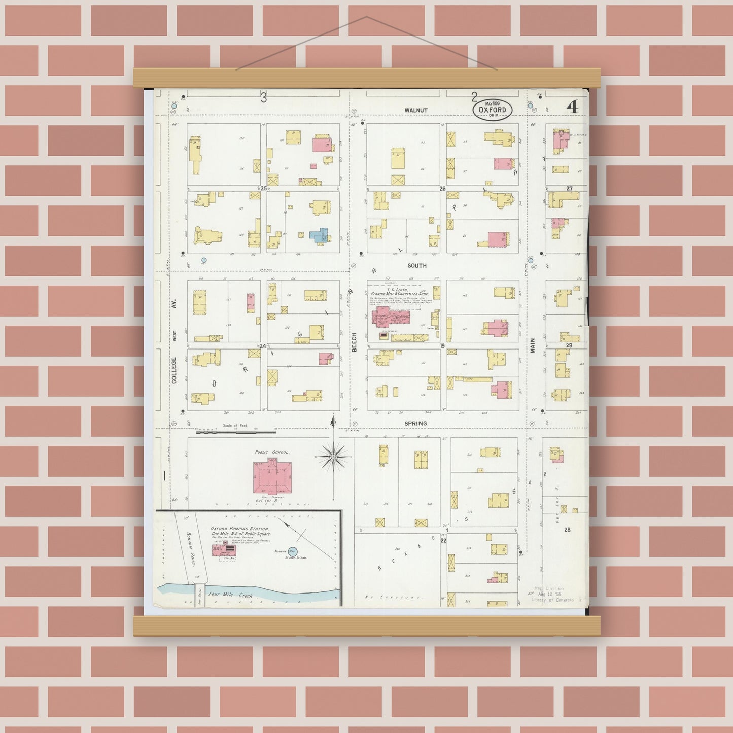 Old map wall art mockup — magnetic wood frame on brick wall — Sanborn Fire Insurance Map from Oxford, Butler County, Ohio (1899), Sheet #0004