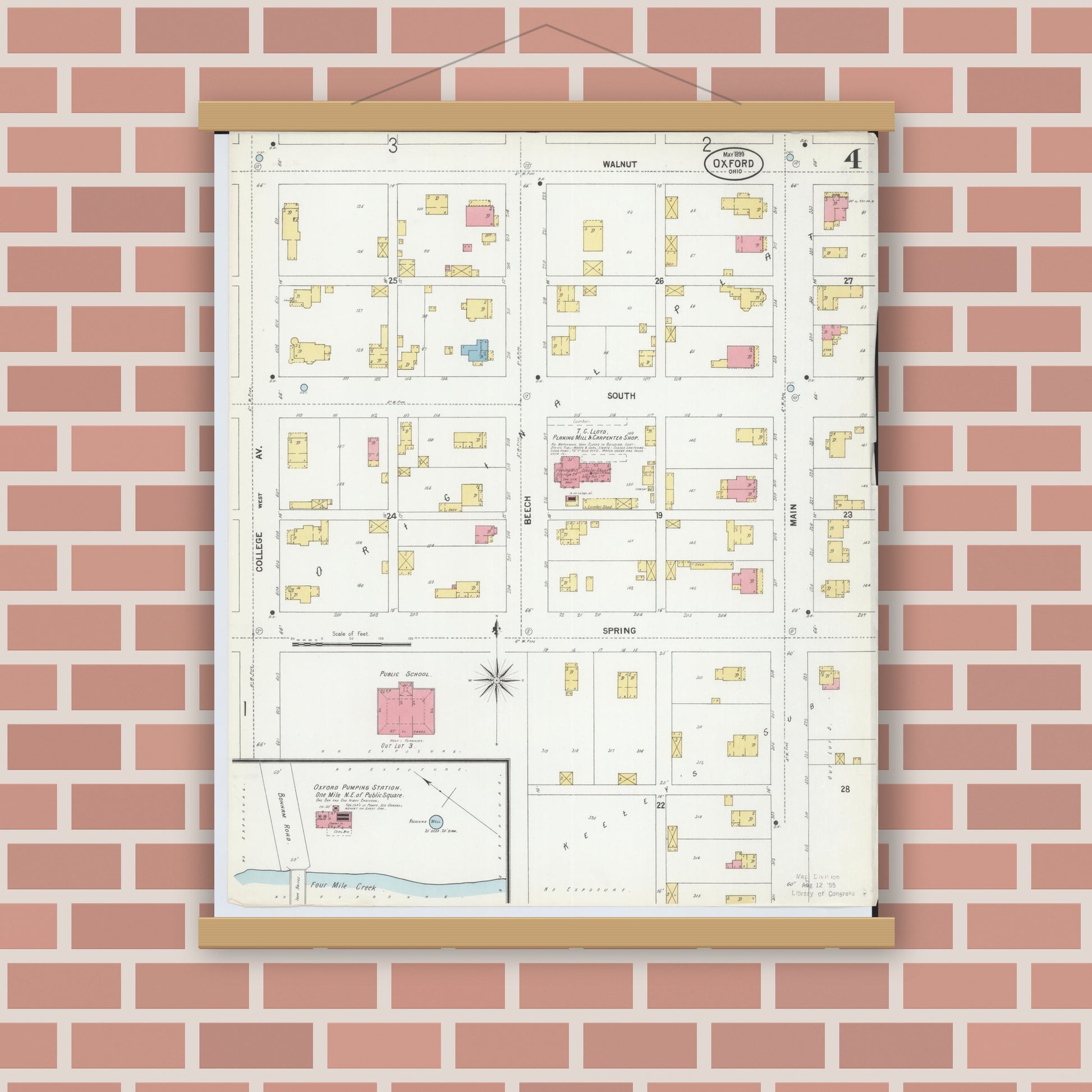 Old map wall art mockup — magnetic wood frame on brick wall — Sanborn Fire Insurance Map from Oxford, Butler County, Ohio (1899), Sheet #0004