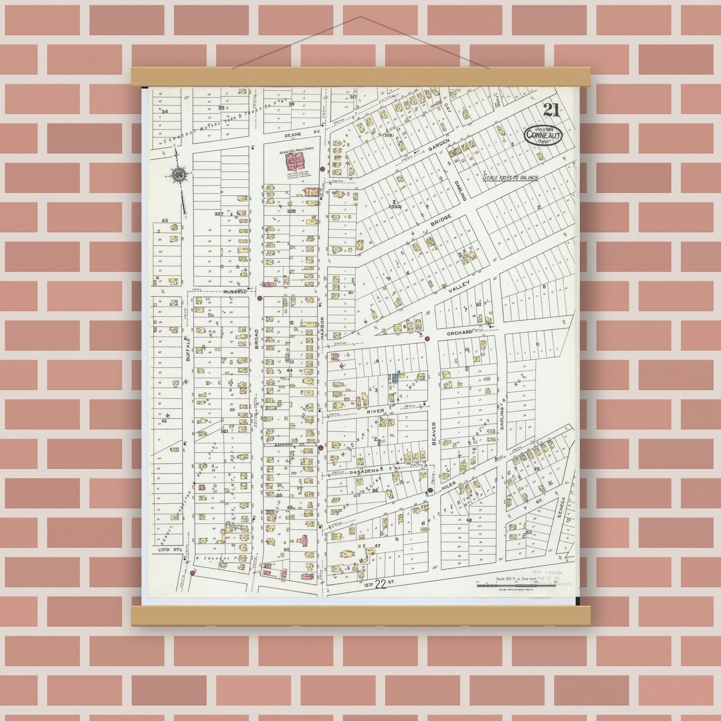 Old map wall art mockup — magnetic wood frame on brick wall — Sanborn Fire Insurance Map from Conneaut, Ashtabula County, Ohio (1919), Sheet #0021