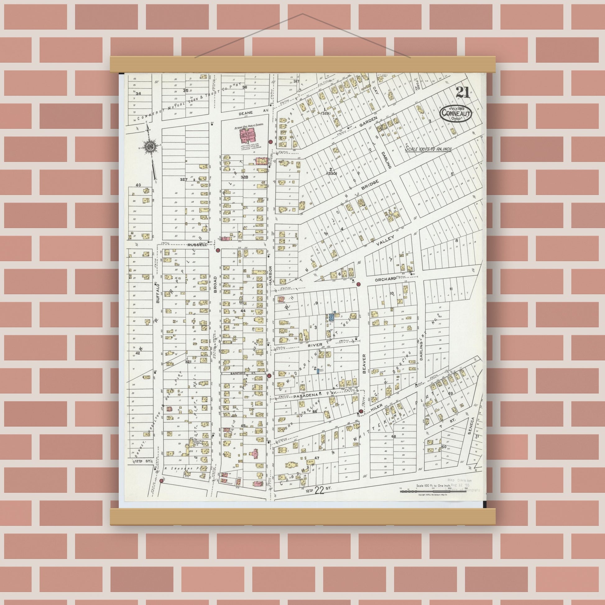Old map wall art mockup — magnetic wood frame on brick wall — Sanborn Fire Insurance Map from Conneaut, Ashtabula County, Ohio (1919), Sheet #0021