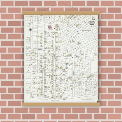 Old map wall art mockup — magnetic wood frame on brick wall — Sanborn Fire Insurance Map from Conneaut, Ashtabula County, Ohio (1919), Sheet #0021