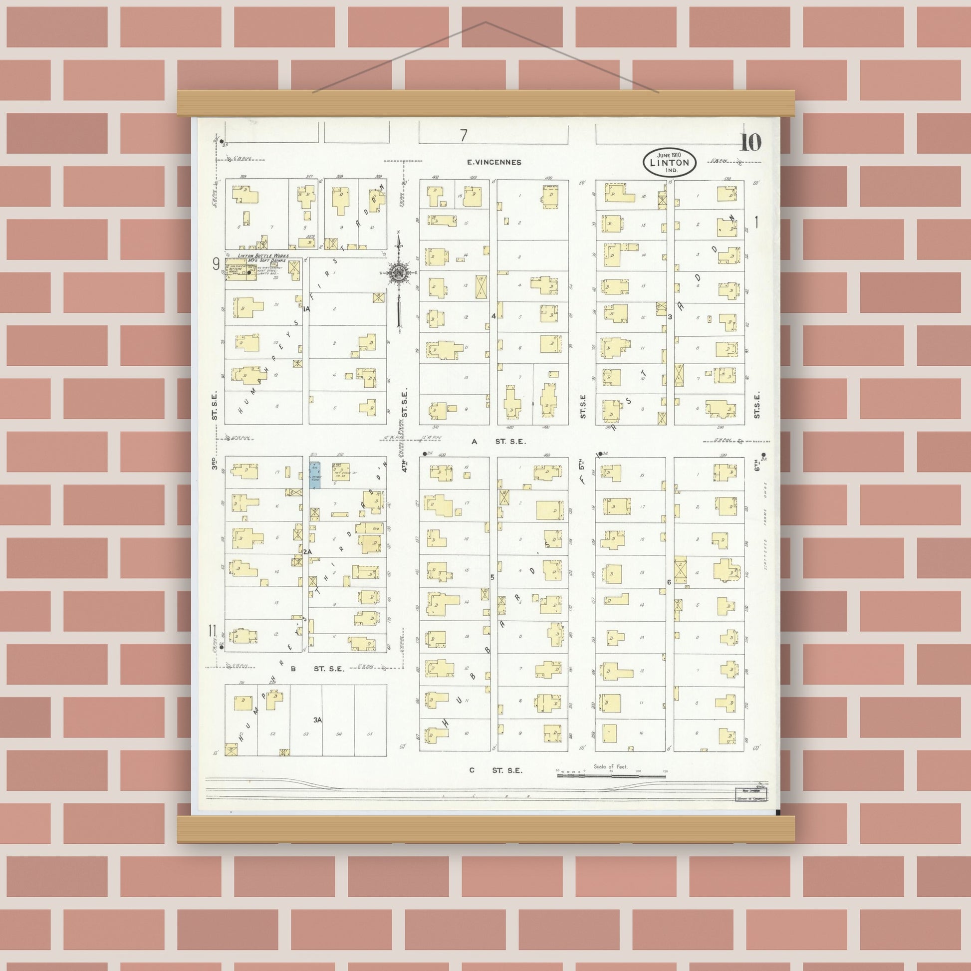 Old map wall art mockup — magnetic wood frame on brick wall — Sanborn Fire Insurance Map from Linton, Greene County, Indiana (1910), Sheet #0010