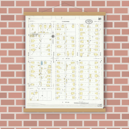 Old map wall art mockup — magnetic wood frame on brick wall — Sanborn Fire Insurance Map from Linton, Greene County, Indiana (1910), Sheet #0010