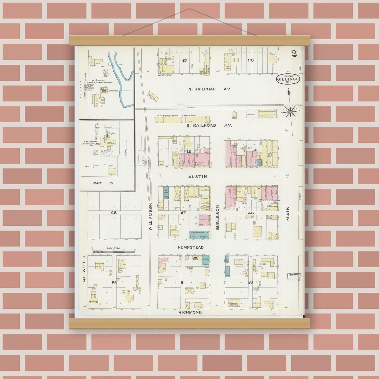 Old map wall art mockup — magnetic wood frame on brick wall — Sanborn Fire Insurance Map from Giddings, Lee County, Texas (1891), Sheet #0002
