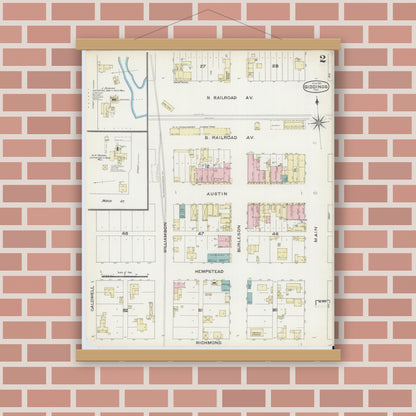 Old map wall art mockup — magnetic wood frame on brick wall — Sanborn Fire Insurance Map from Giddings, Lee County, Texas (1891), Sheet #0002