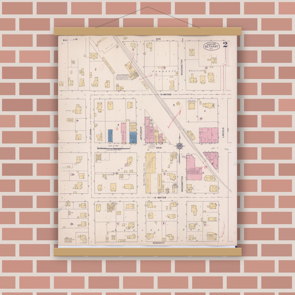 Old map wall art mockup — magnetic wood frame on brick wall — Sanborn Fire Insurance Map from Bethany, Moultrie County, Illinois (1922), Sheet #0002