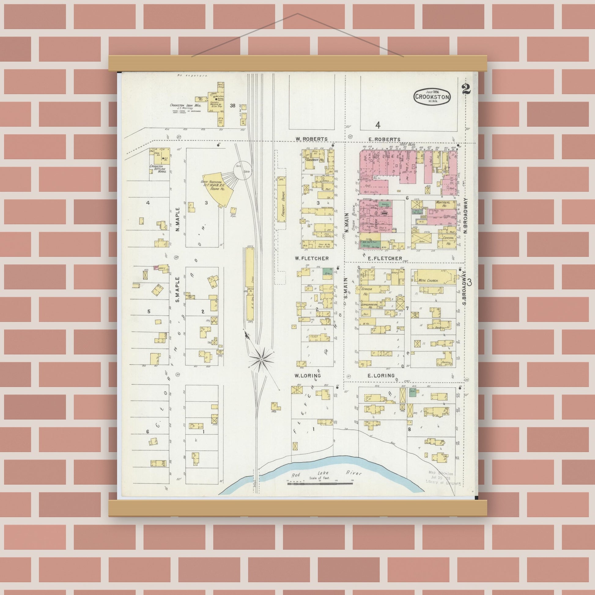 Old map wall art mockup — magnetic wood frame on brick wall — Sanborn Fire Insurance Map from Crookston, Polk County, Minnesota (1896), Sheet #0002