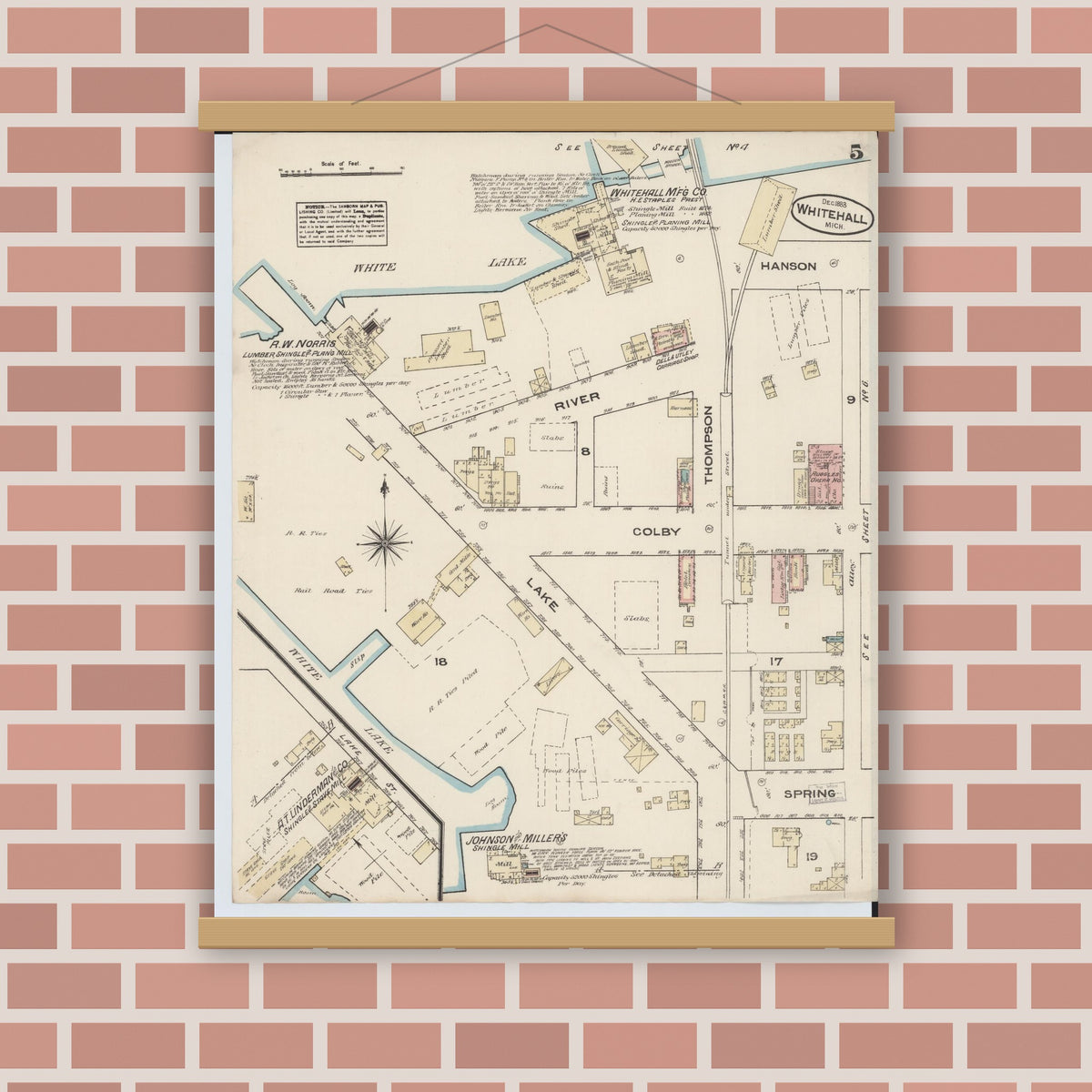 Old map wall art mockup — magnetic wood frame on brick wall — Sanborn Fire Insurance Map from Montague, Muskegon County, Michigan (1883), Sheet #0005