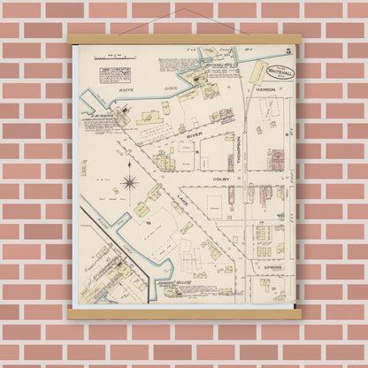 Old map wall art mockup — magnetic wood frame on brick wall — Sanborn Fire Insurance Map from Montague, Muskegon County, Michigan (1883), Sheet #0005