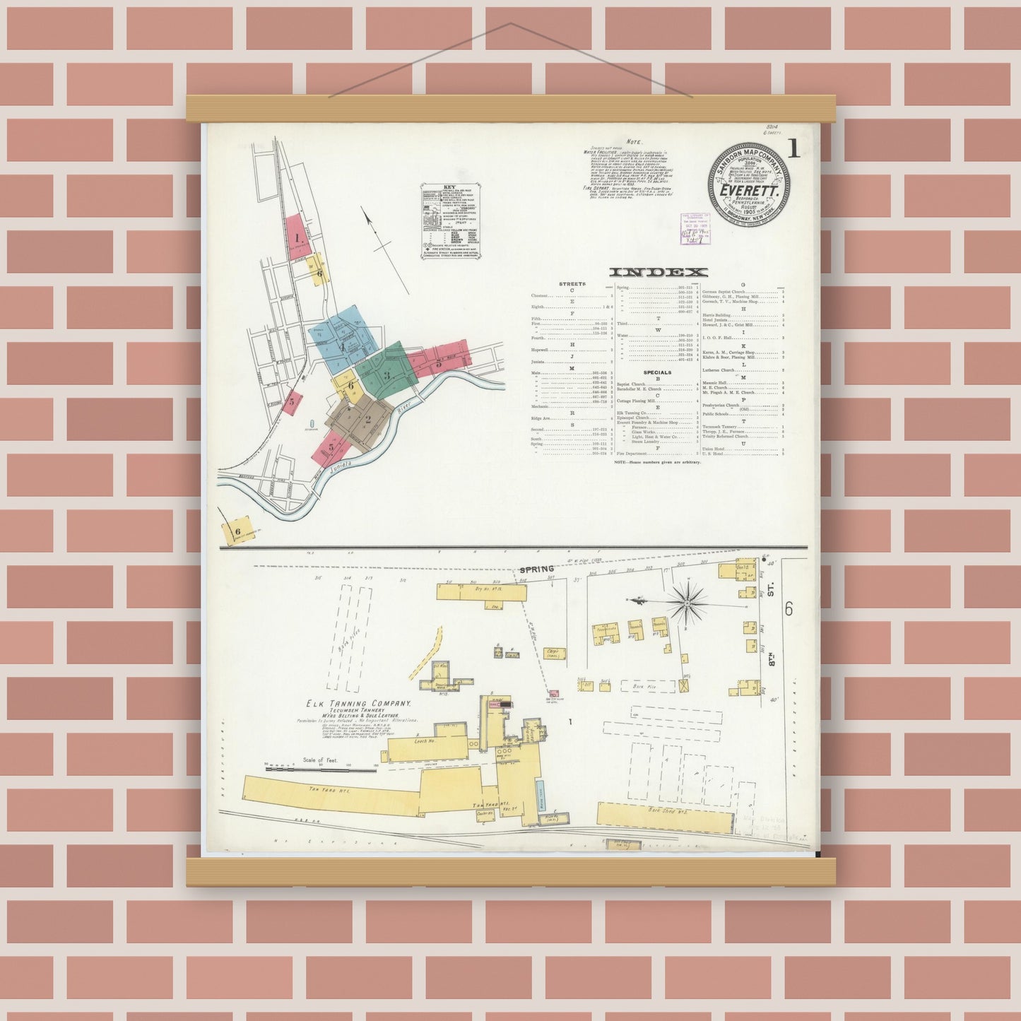 Old map wall art mockup — magnetic wood frame on brick wall — Sanborn Fire Insurance Map from Everett, Bedford County, Pennsylvania (1905) - Complete Map Set