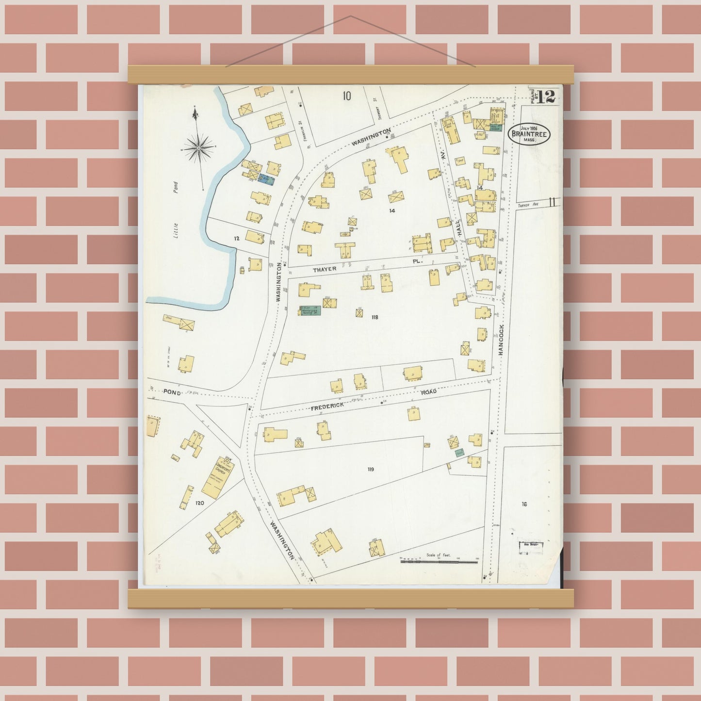 Old map wall art mockup — magnetic wood frame on brick wall — Sanborn Fire Insurance Map from Braintree, Norfolk County, Massachusetts (1906), Sheet #0012