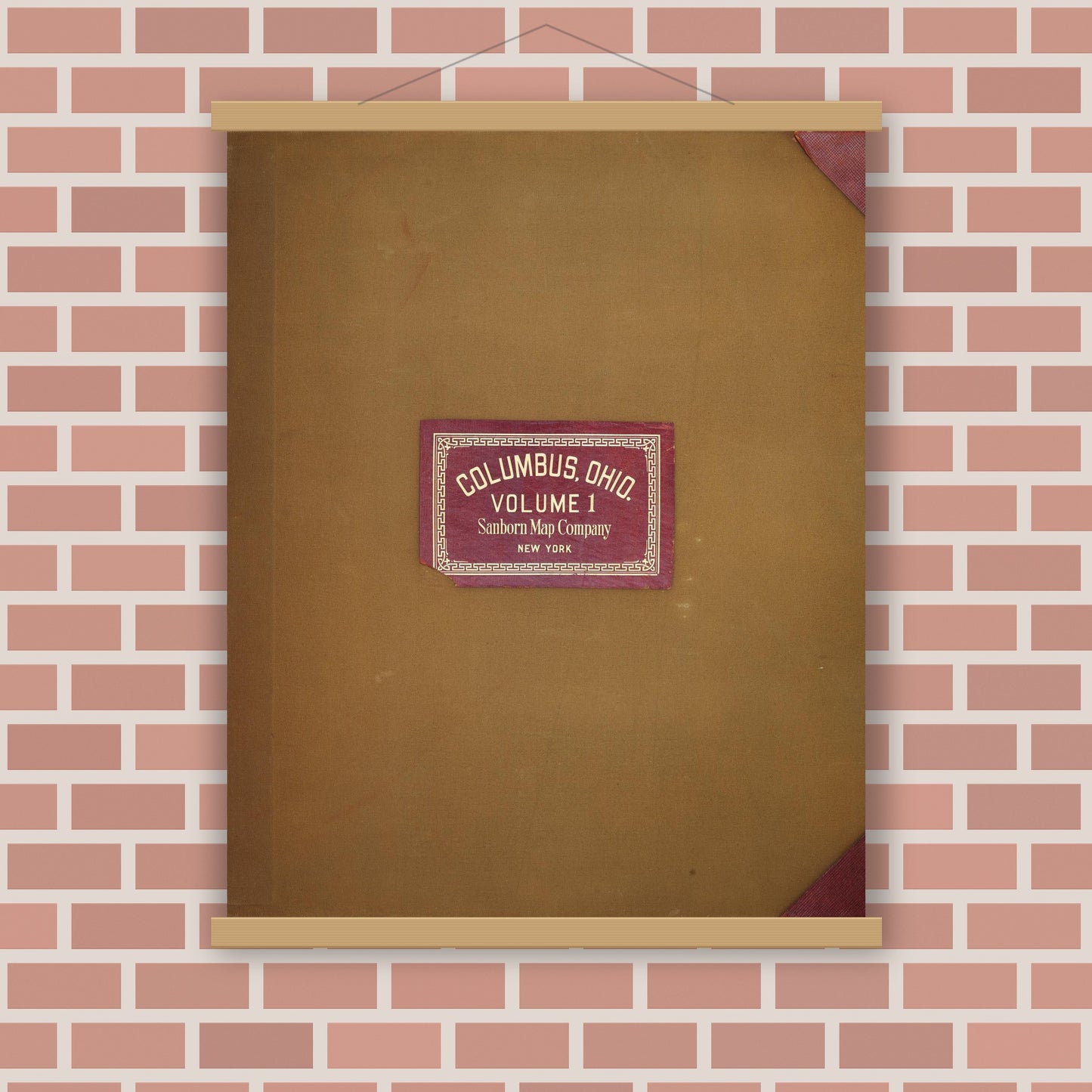 Old map wall art mockup — magnetic wood frame on brick wall — Sanborn Fire Insurance Map from Columbus, Franklin County, Ohio (1951), Sheet #0001