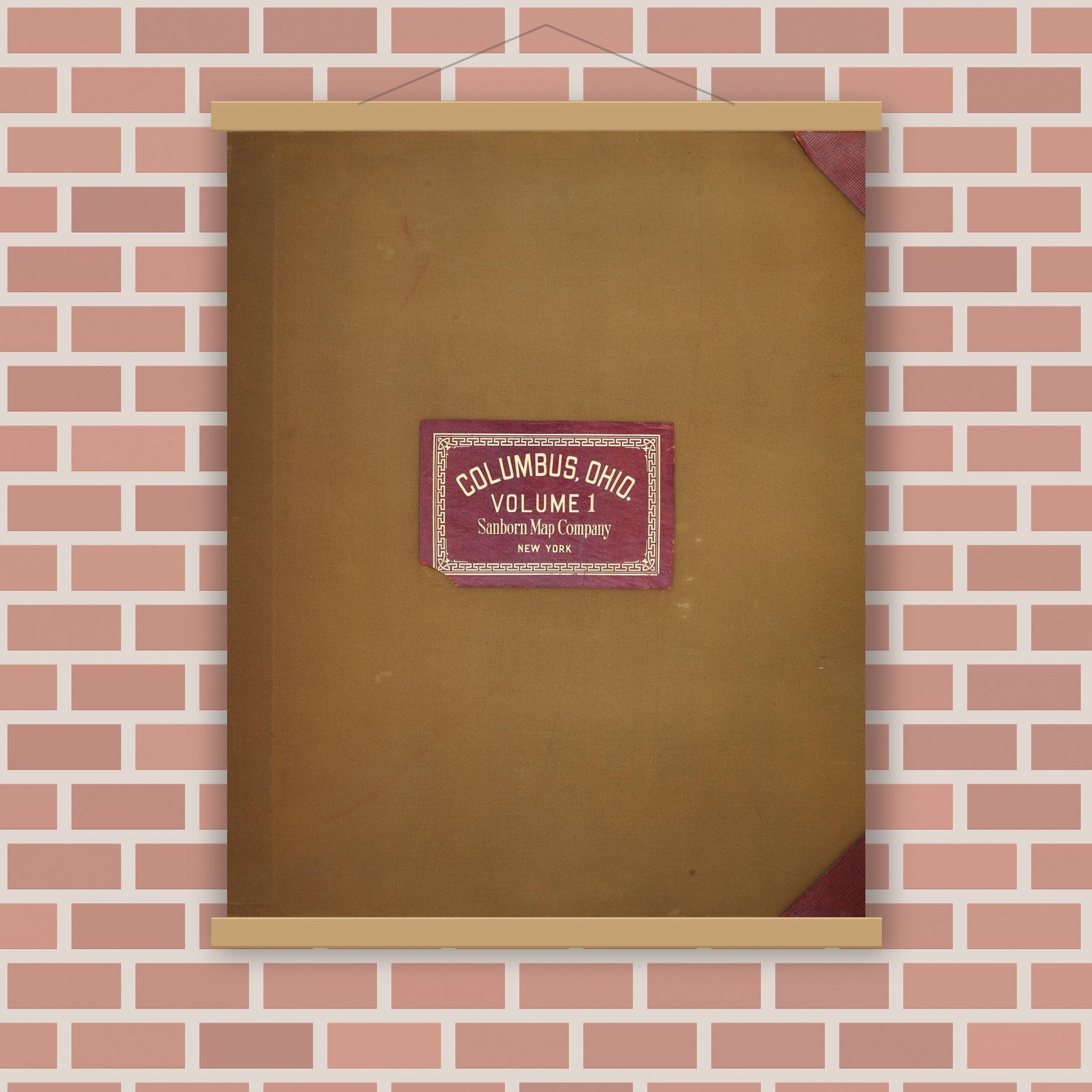 Old map wall art mockup — magnetic wood frame on brick wall — Sanborn Fire Insurance Map from Columbus, Franklin County, Ohio (1951), Sheet #0001