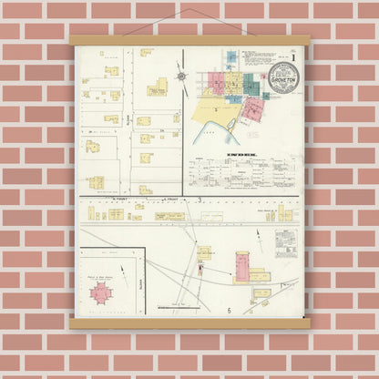 Old map wall art mockup — magnetic wood frame on brick wall — Sanborn Fire Insurance Map from Groveton, Trinity County, Texas (1912), Sheet #0001