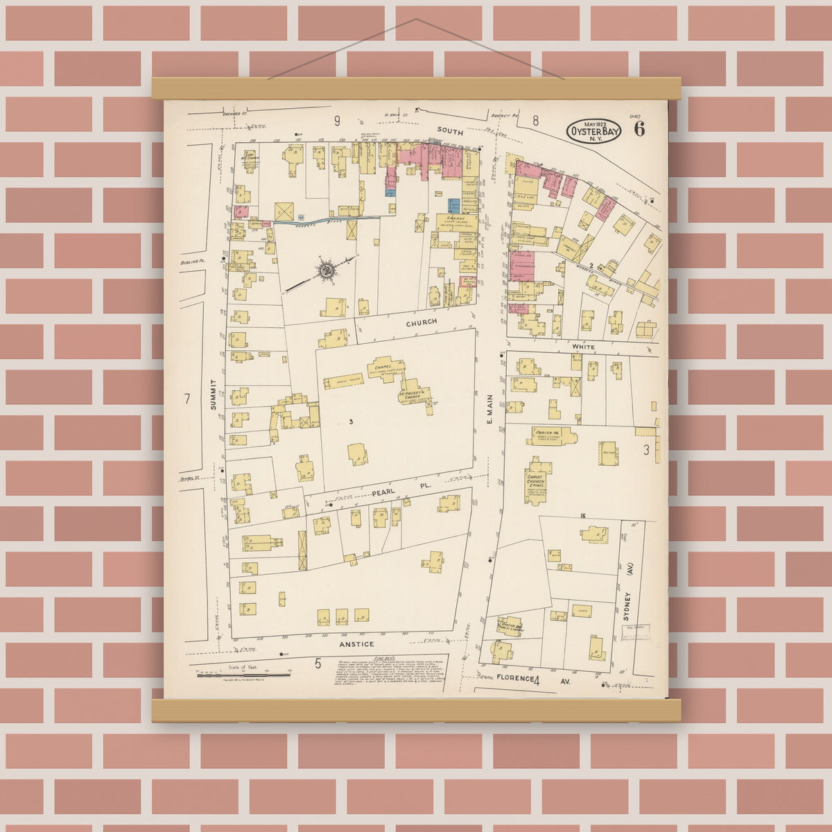 Old map wall art mockup — magnetic wood frame on brick wall — Sanborn Fire Insurance Map from Oyster Bay, Nassau County, New York (1922), Sheet #0006
