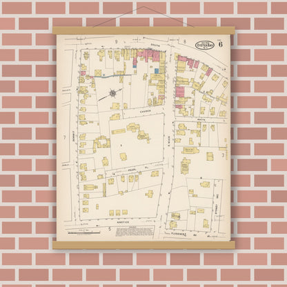 Old map wall art mockup — magnetic wood frame on brick wall — Sanborn Fire Insurance Map from Oyster Bay, Nassau County, New York (1922), Sheet #0006