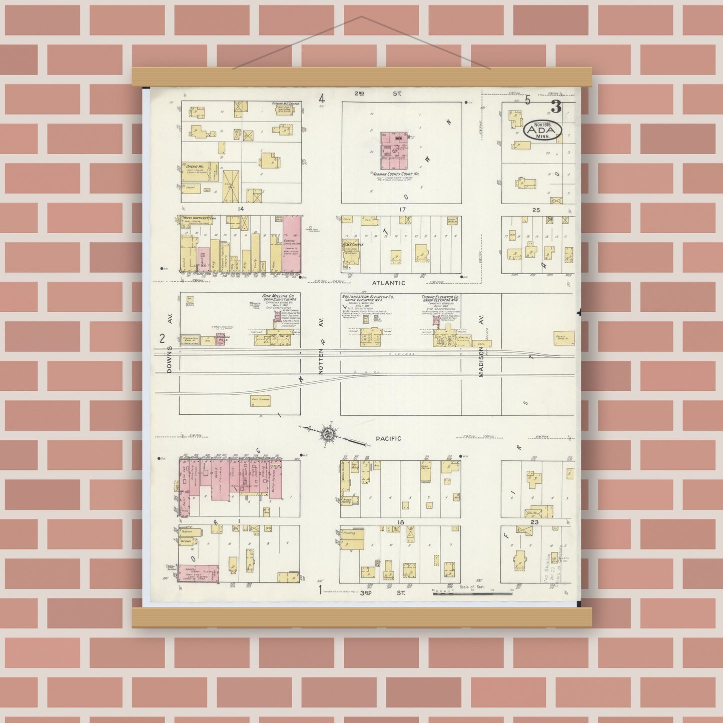 Old map wall art mockup — magnetic wood frame on brick wall — Sanborn Fire Insurance Map from Ada, Norman County, Minnesota (1916), Sheet #0003