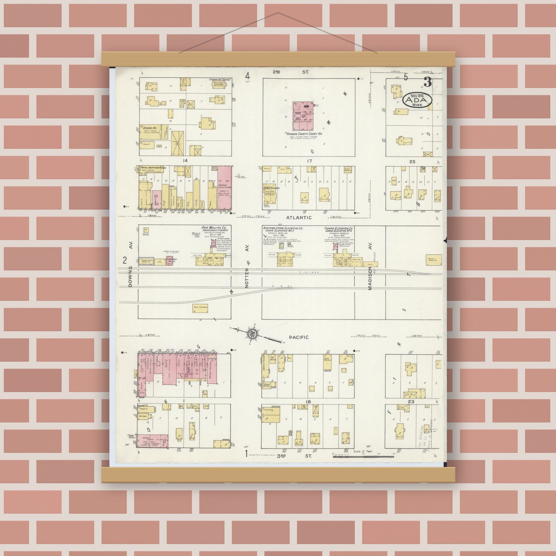 Old map wall art mockup — magnetic wood frame on brick wall — Sanborn Fire Insurance Map from Ada, Norman County, Minnesota (1916), Sheet #0003