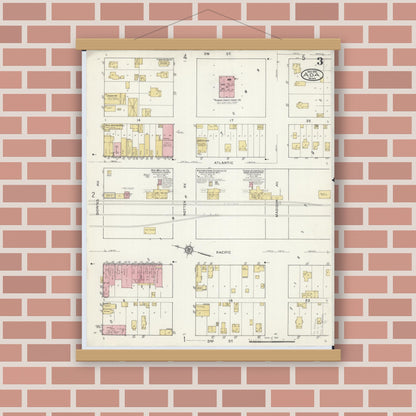Old map wall art mockup — magnetic wood frame on brick wall — Sanborn Fire Insurance Map from Ada, Norman County, Minnesota (1916), Sheet #0003