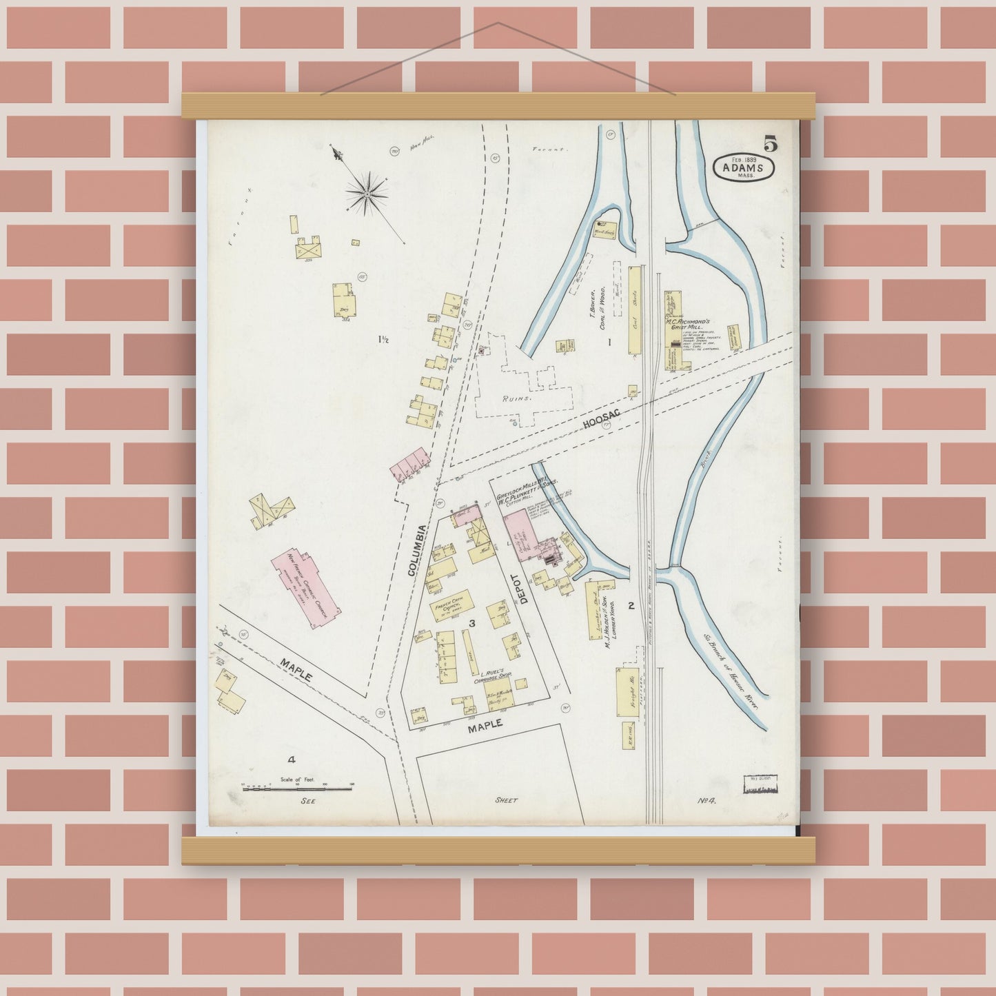 Old map wall art mockup — magnetic wood frame on brick wall — Sanborn Fire Insurance Map from Adams, Berkshire County, Massachusetts (1889), Sheet #0005