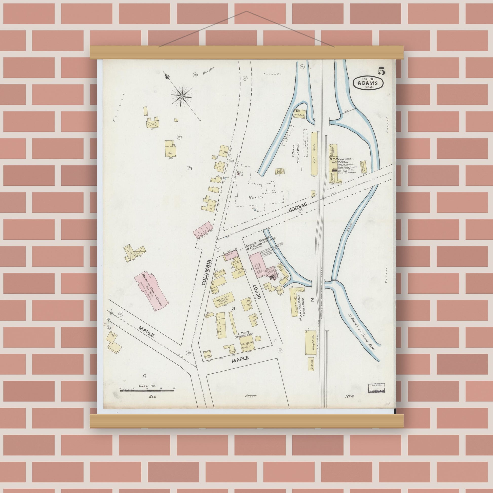 Old map wall art mockup — magnetic wood frame on brick wall — Sanborn Fire Insurance Map from Adams, Berkshire County, Massachusetts (1889), Sheet #0005
