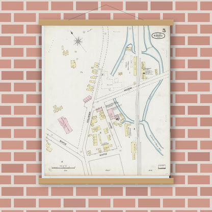 Old map wall art mockup — magnetic wood frame on brick wall — Sanborn Fire Insurance Map from Adams, Berkshire County, Massachusetts (1889), Sheet #0005