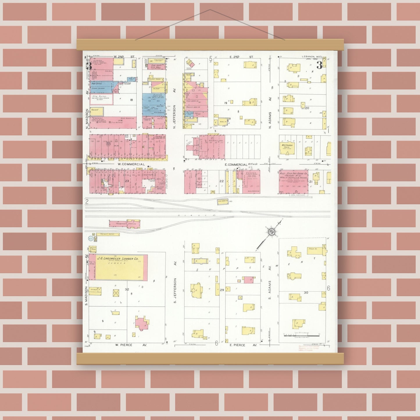 Old map wall art mockup — magnetic wood frame on brick wall — Sanborn Fire Insurance Map from Lebanon, Laclede County, Missouri (1932), Sheet #0003
