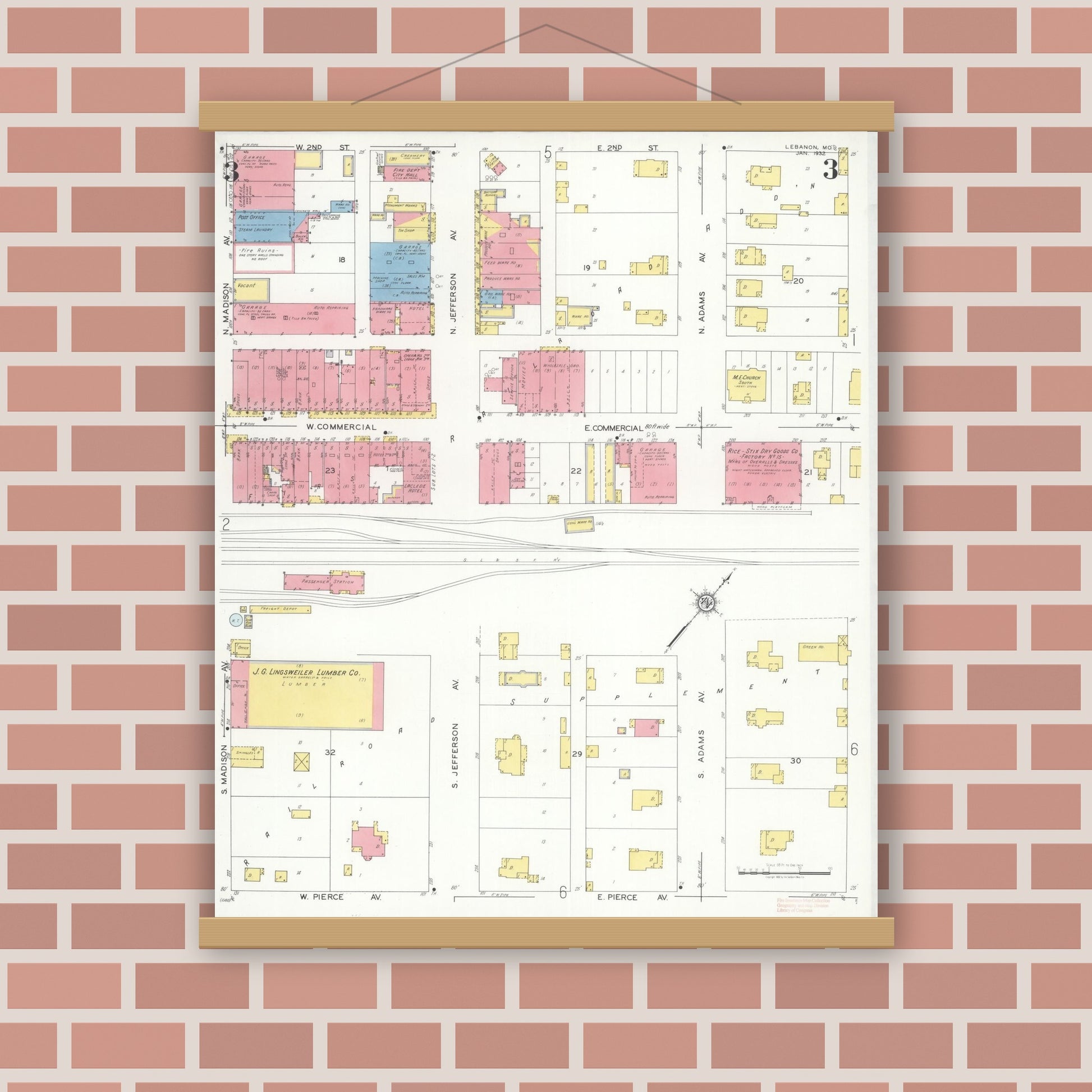 Old map wall art mockup — magnetic wood frame on brick wall — Sanborn Fire Insurance Map from Lebanon, Laclede County, Missouri (1932), Sheet #0003