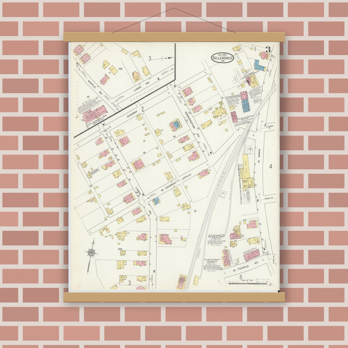 Old map wall art mockup — magnetic wood frame on brick wall — Sanborn Fire Insurance Map from Sellersville, Bucks County, Pennsylvania (1913), Sheet #0003