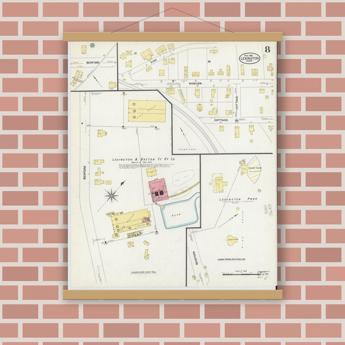 Old map wall art mockup — magnetic wood frame on brick wall — Sanborn Fire Insurance Map from Lexington, Middlesex County, Massachusetts (1908), Sheet #0008