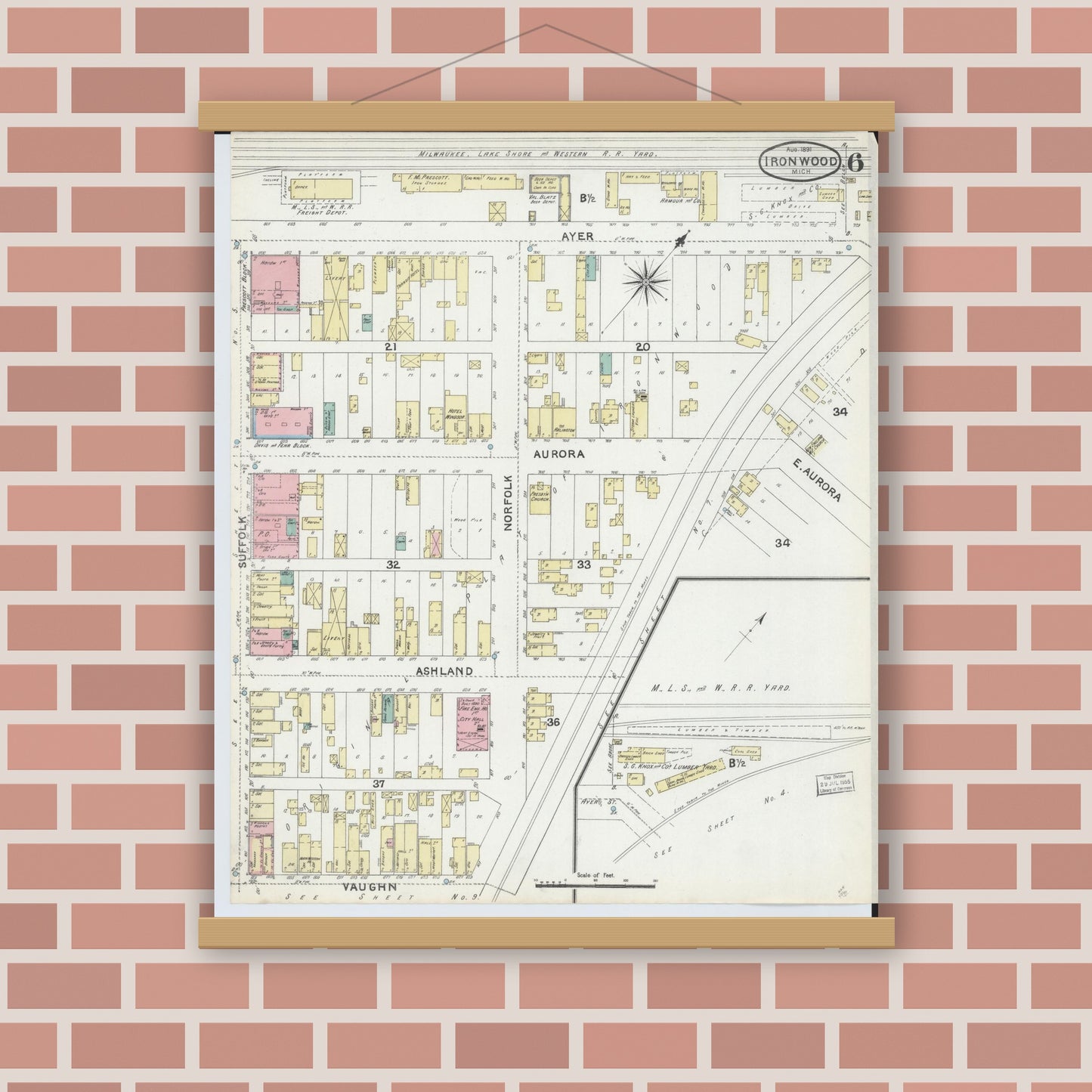 Old map wall art mockup — magnetic wood frame on brick wall — Sanborn Fire Insurance Map from Ironwood, Gogebic County, Michigan (1891), Sheet #0006