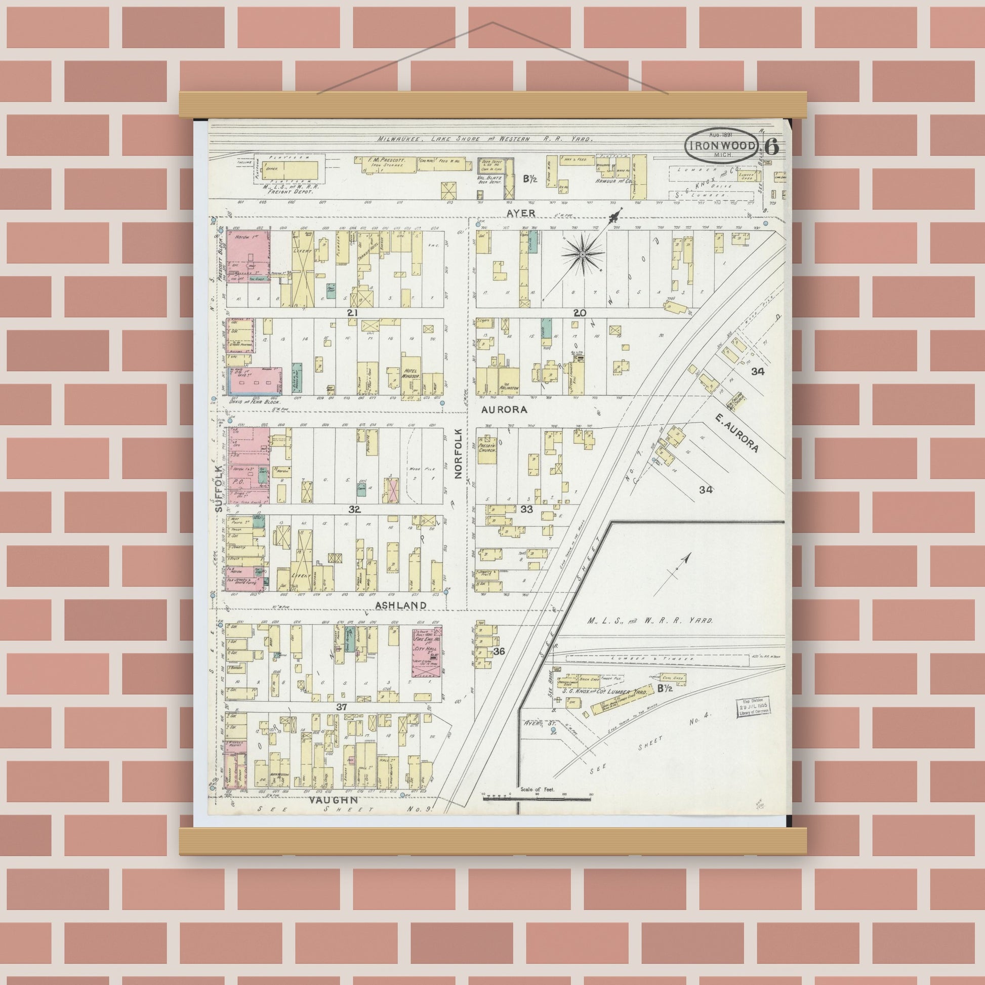 Old map wall art mockup — magnetic wood frame on brick wall — Sanborn Fire Insurance Map from Ironwood, Gogebic County, Michigan (1891), Sheet #0006