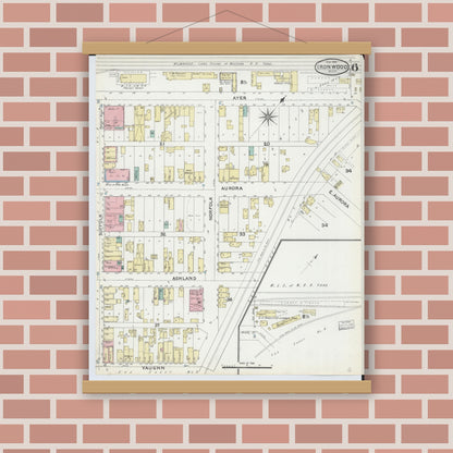 Old map wall art mockup — magnetic wood frame on brick wall — Sanborn Fire Insurance Map from Ironwood, Gogebic County, Michigan (1891), Sheet #0006