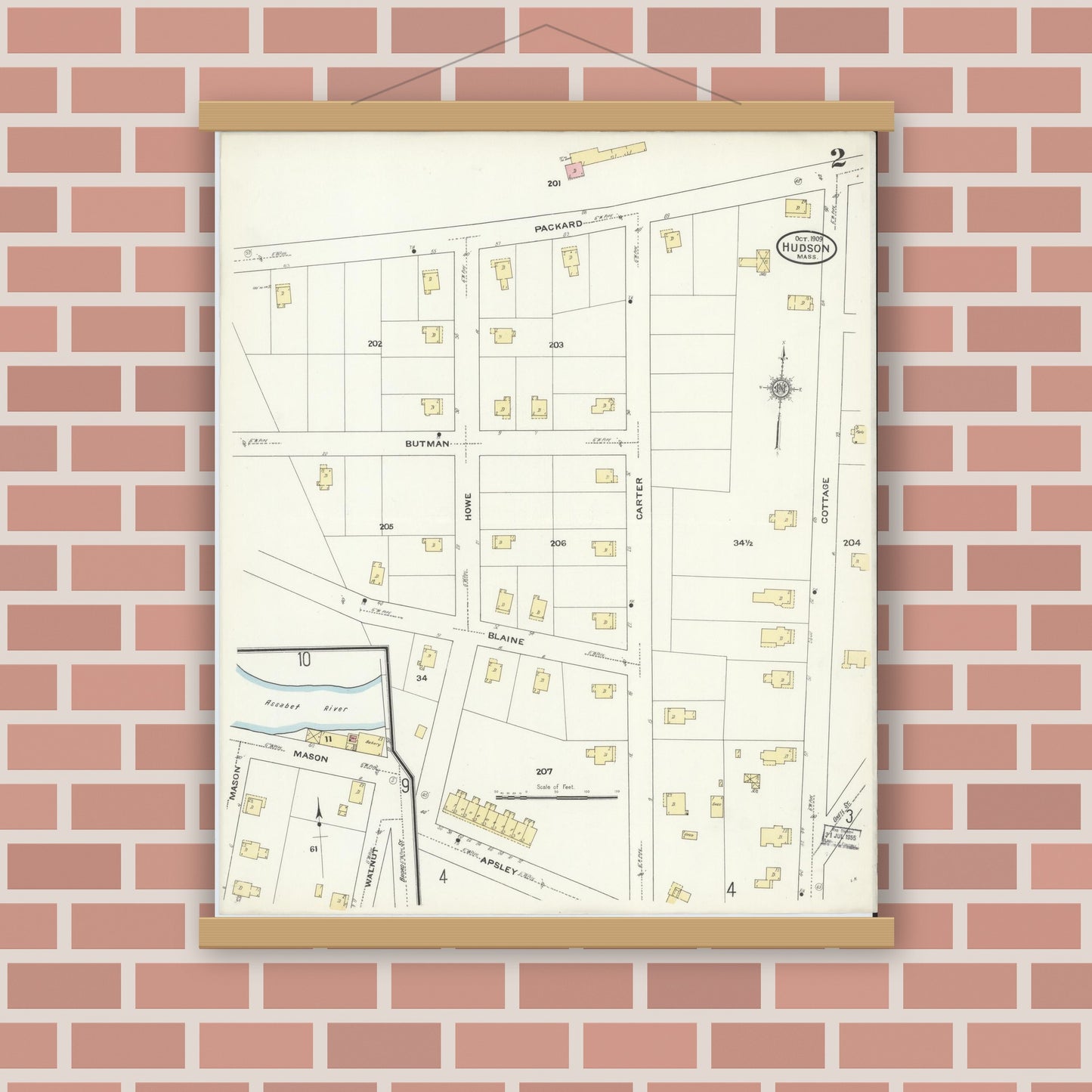 Old map wall art mockup — magnetic wood frame on brick wall — Sanborn Fire Insurance Map from Hudson, Middlesex County, Massachusetts (1909), Sheet #0002