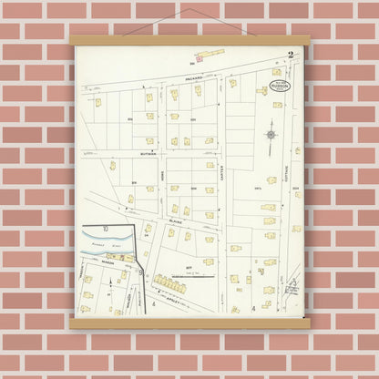 Old map wall art mockup — magnetic wood frame on brick wall — Sanborn Fire Insurance Map from Hudson, Middlesex County, Massachusetts (1909), Sheet #0002