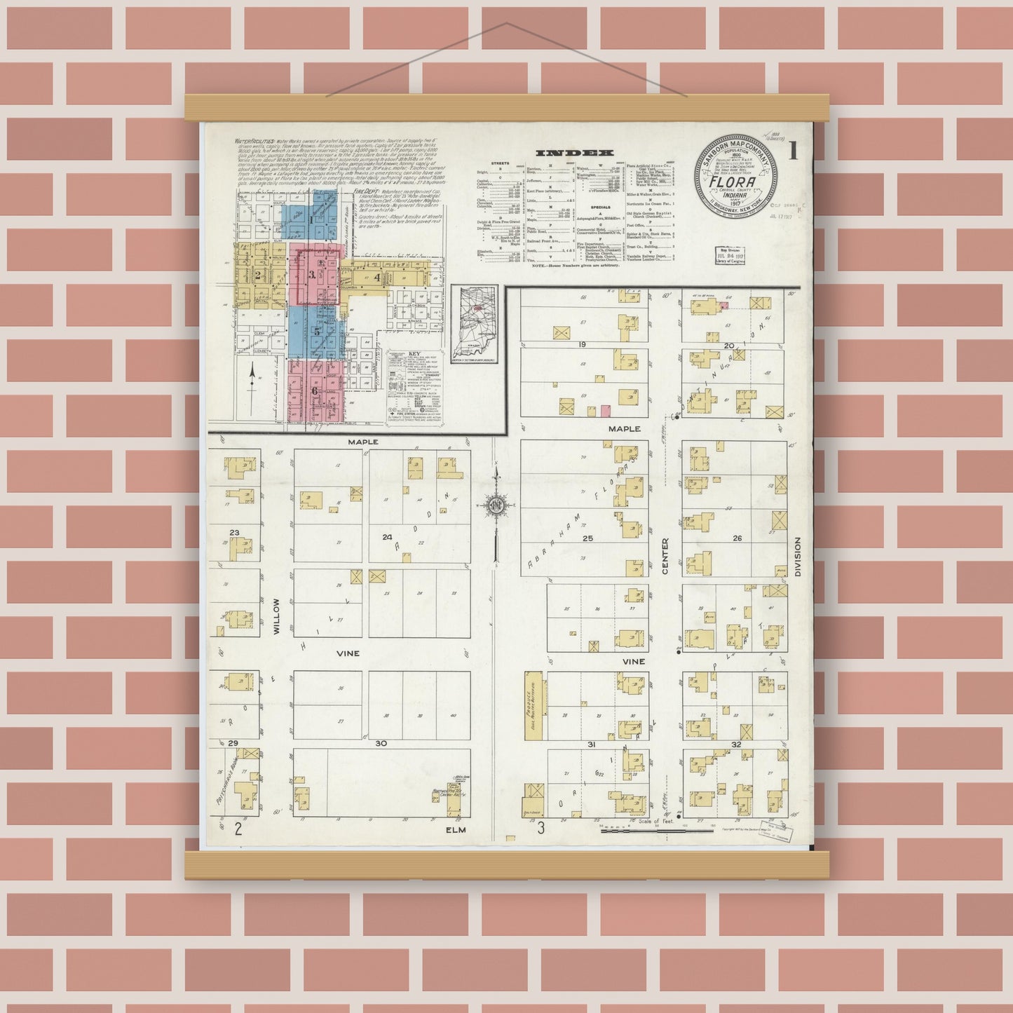 Old map wall art mockup — magnetic wood frame on brick wall — Sanborn Fire Insurance Map from Flora, Carroll County, Indiana (1917), Sheet #0001