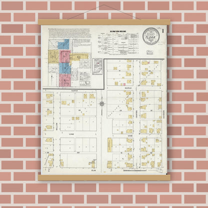 Old map wall art mockup — magnetic wood frame on brick wall — Sanborn Fire Insurance Map from Flora, Carroll County, Indiana (1917), Sheet #0001