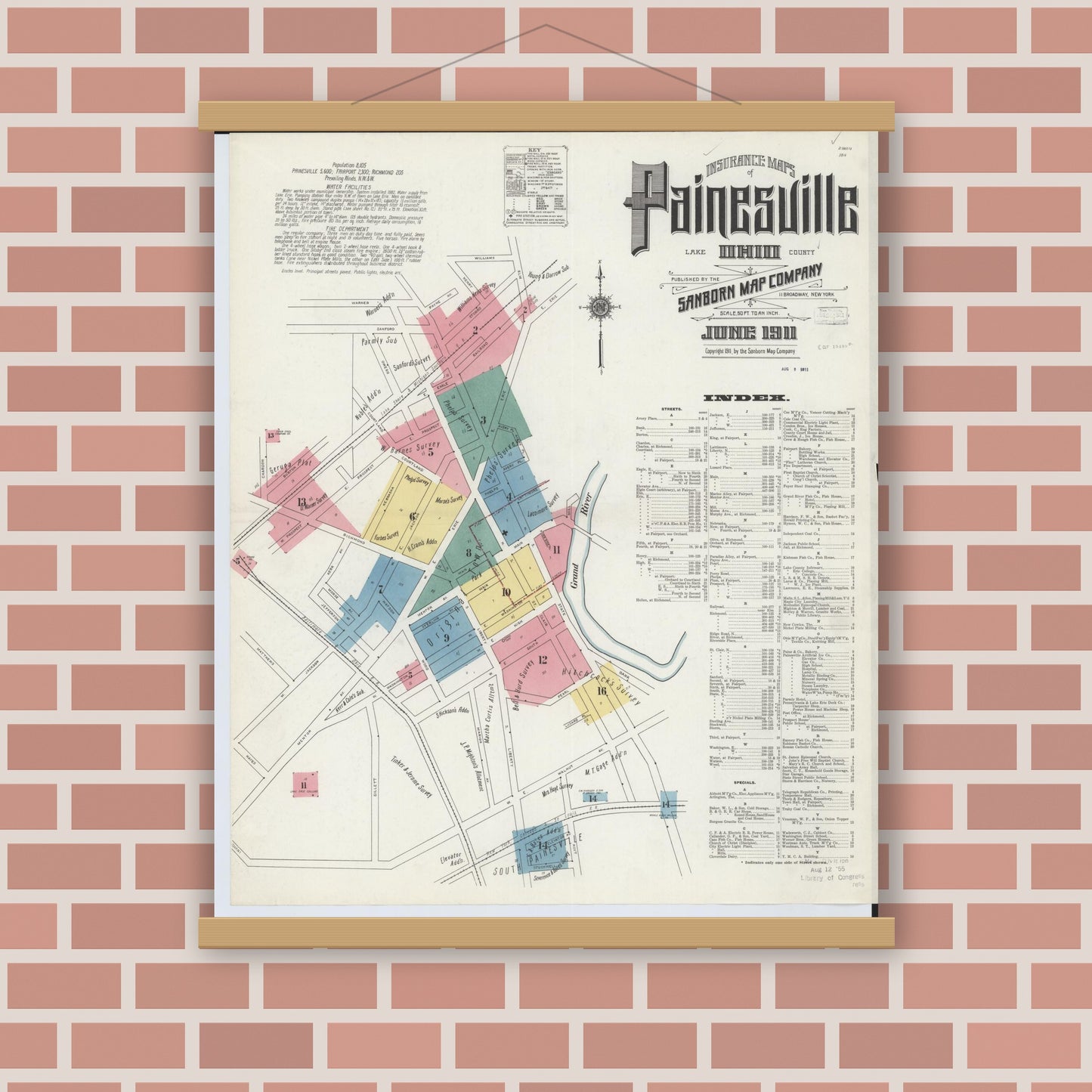 Old map wall art mockup — magnetic wood frame on brick wall — Sanborn Fire Insurance Map from Painesville, Lake County, Ohio (1911) - Complete Map Set