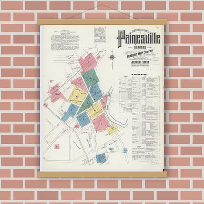 Old map wall art mockup — magnetic wood frame on brick wall — Sanborn Fire Insurance Map from Painesville, Lake County, Ohio (1911) - Complete Map Set