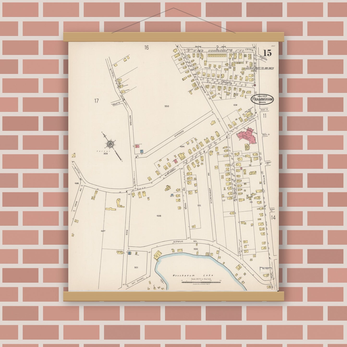 Old map wall art mockup — magnetic wood frame on brick wall — Sanborn Fire Insurance Map from Framingham, Middlesex County, Massachusetts (1922), Sheet #0015
