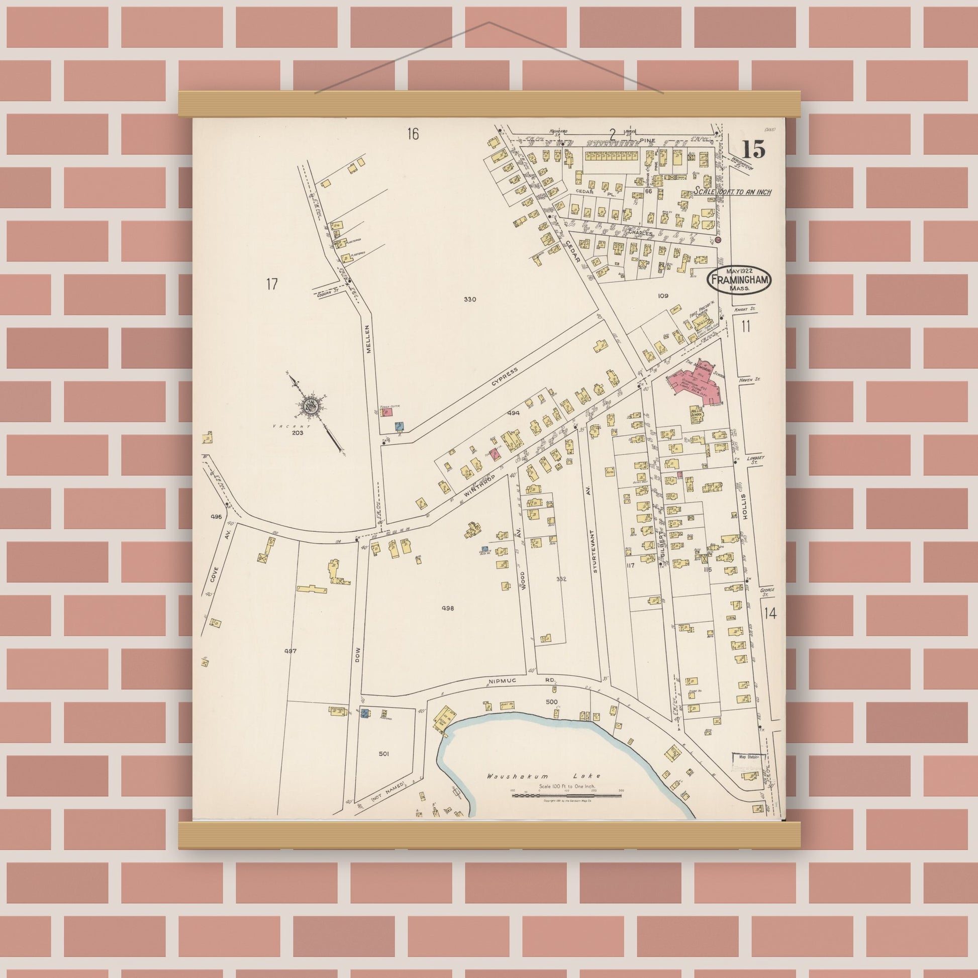 Old map wall art mockup — magnetic wood frame on brick wall — Sanborn Fire Insurance Map from Framingham, Middlesex County, Massachusetts (1922), Sheet #0015