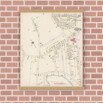 Old map wall art mockup — magnetic wood frame on brick wall — Sanborn Fire Insurance Map from Framingham, Middlesex County, Massachusetts (1922), Sheet #0015