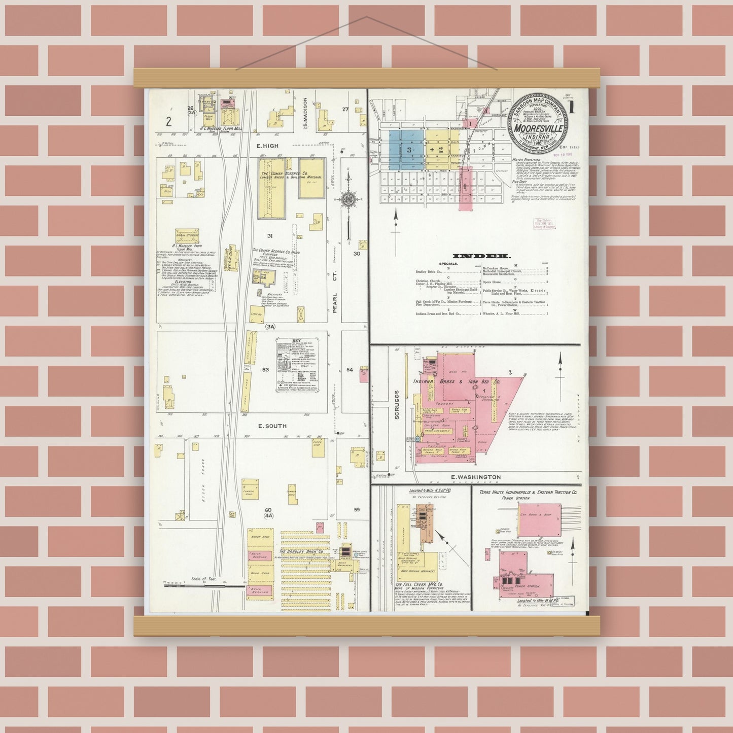 Old map wall art mockup — magnetic wood frame on brick wall — Sanborn Fire Insurance Map from Mooresville, Morgan County, Indiana (1910) - Complete Map Set