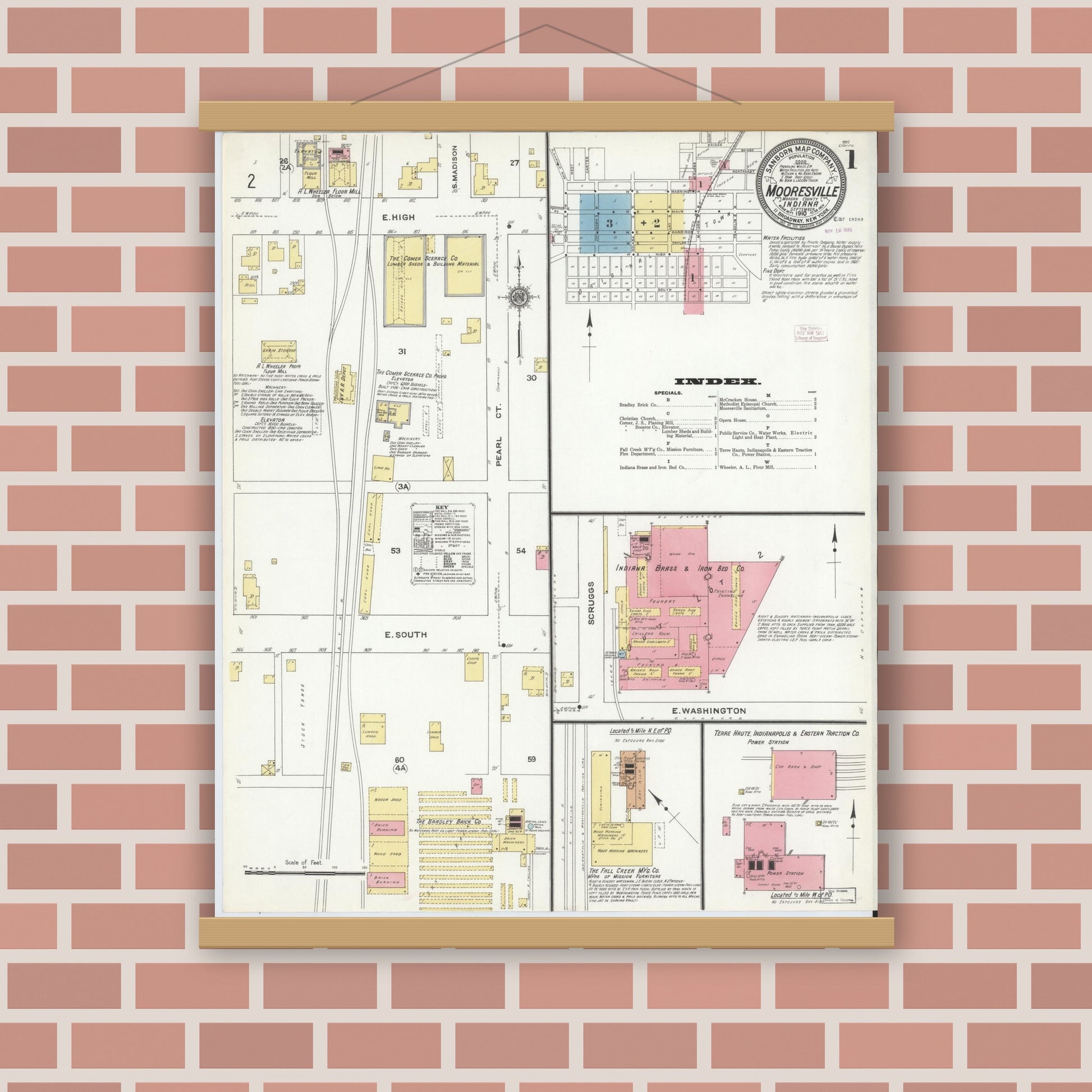 Old map wall art mockup — magnetic wood frame on brick wall — Sanborn Fire Insurance Map from Mooresville, Morgan County, Indiana (1910) - Complete Map Set