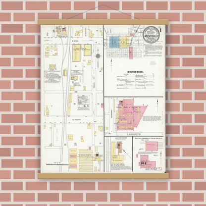 Old map wall art mockup — magnetic wood frame on brick wall — Sanborn Fire Insurance Map from Mooresville, Morgan County, Indiana (1910) - Complete Map Set