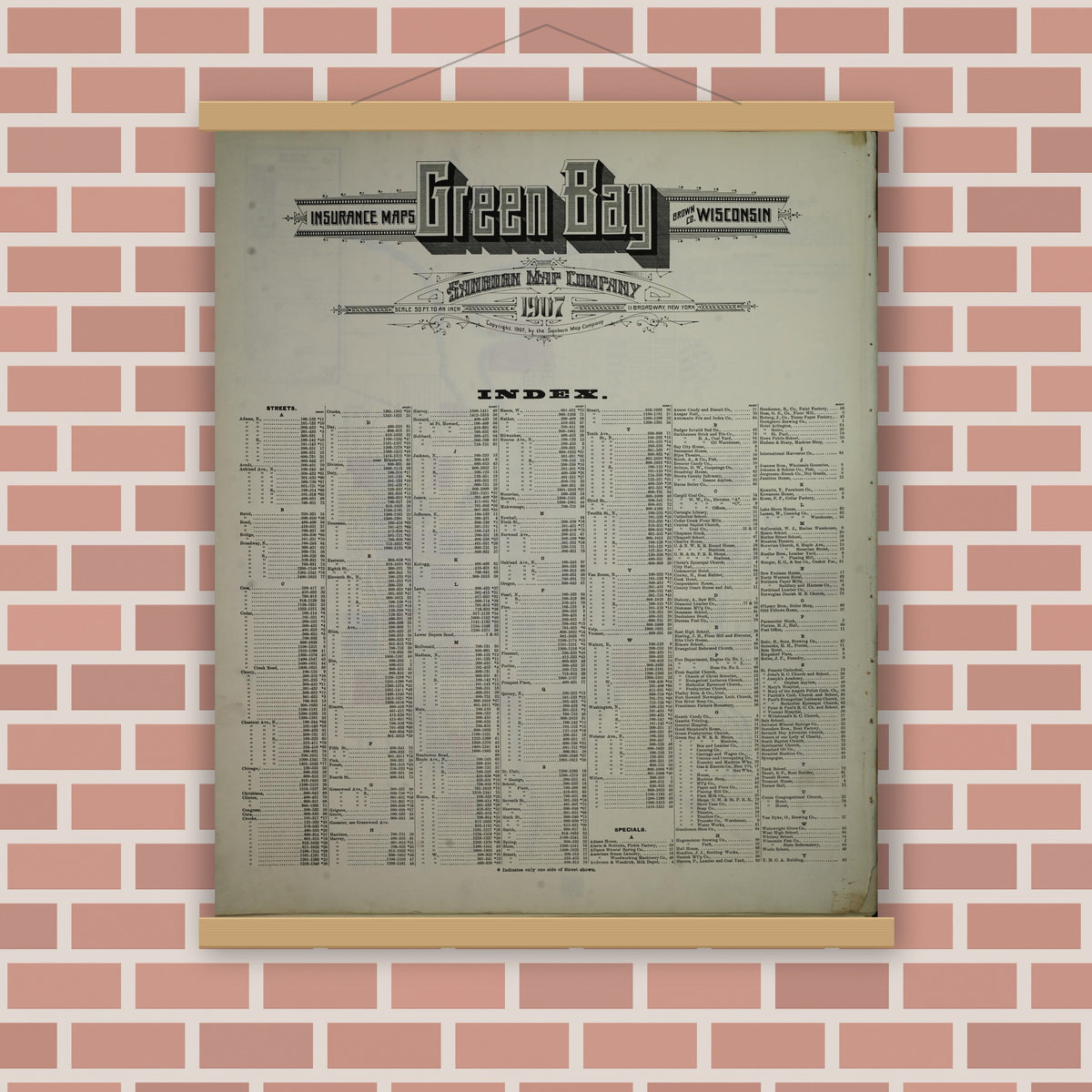 Old map wall art mockup — magnetic wood frame on brick wall — Sanborn Fire Insurance Map from Green Bay, Brown County, Wisconsin (1907), Sheet #0001